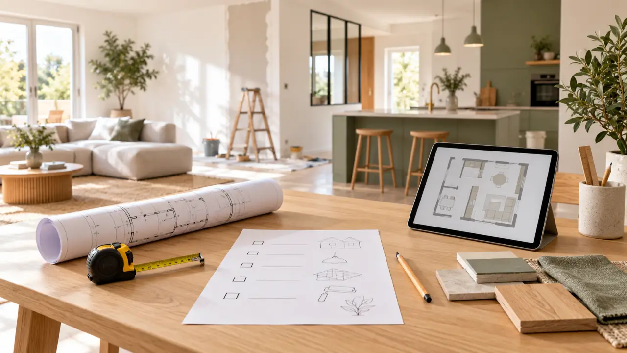 Propriétaire étudiant un devis de rénovation avec des plans et des échantillons de matériaux