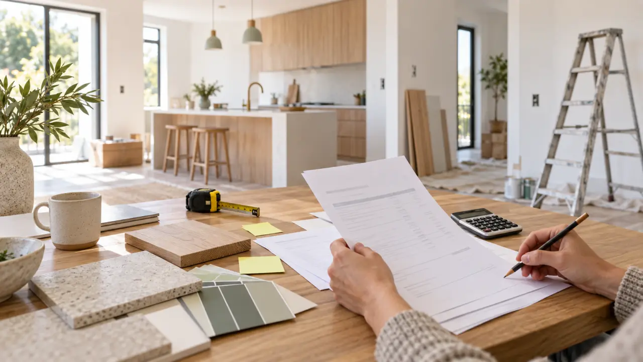 Propriétaire examinant un premier devis de rénovation sur une table de travail