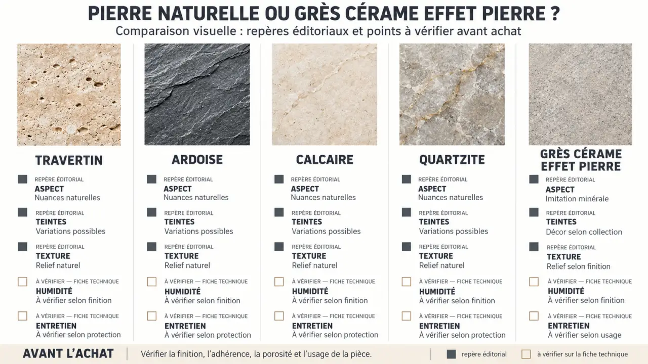 Comparaison du carrelage pierre naturelle entre travertin, ardoise, calcaire, quartzite et grès cérame effet pierre