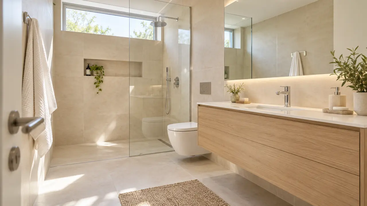 Salle de bain rénovée et optimisée avec douche à l'italienne et rangements intégrés
