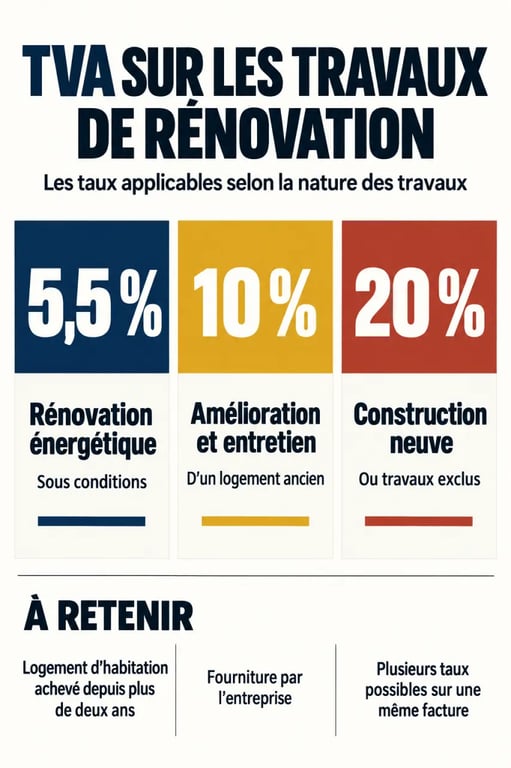 Infographie comparative sur la TVA travaux rénovation à 5,5 %, 10 % et 20 %