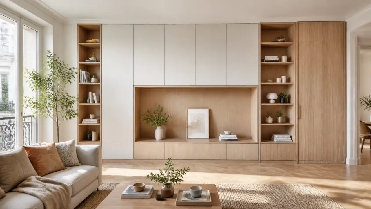 Composition bento d'un intérieur moderne avec rangements sur mesure, matériaux et plans d'architecture