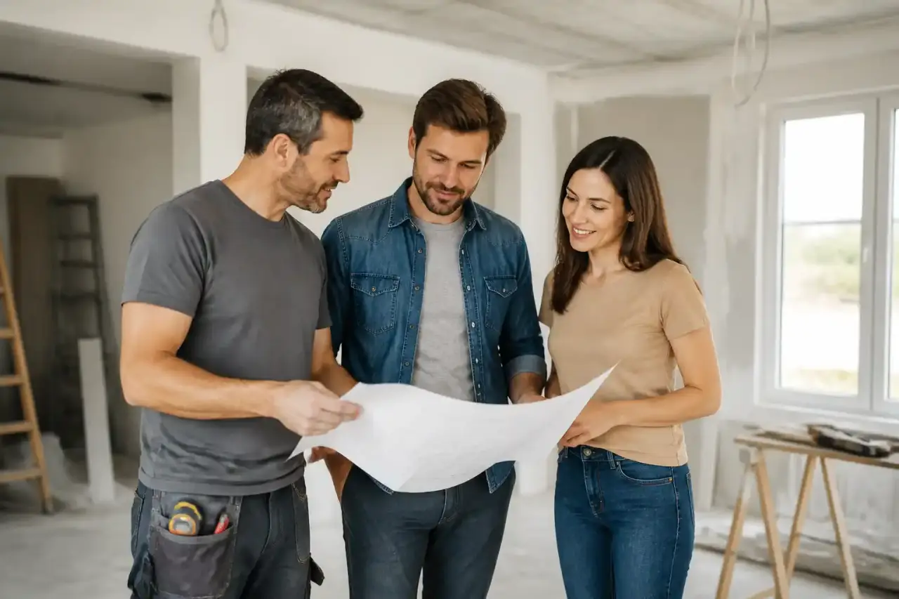 Propriétaire échangeant avec un artisan autour de plans de rénovation dans une maison lumineuse