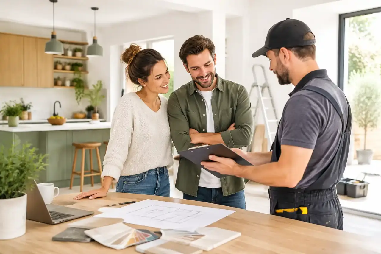 Propriétaire échangeant avec un artisan autour d'un projet de rénovation