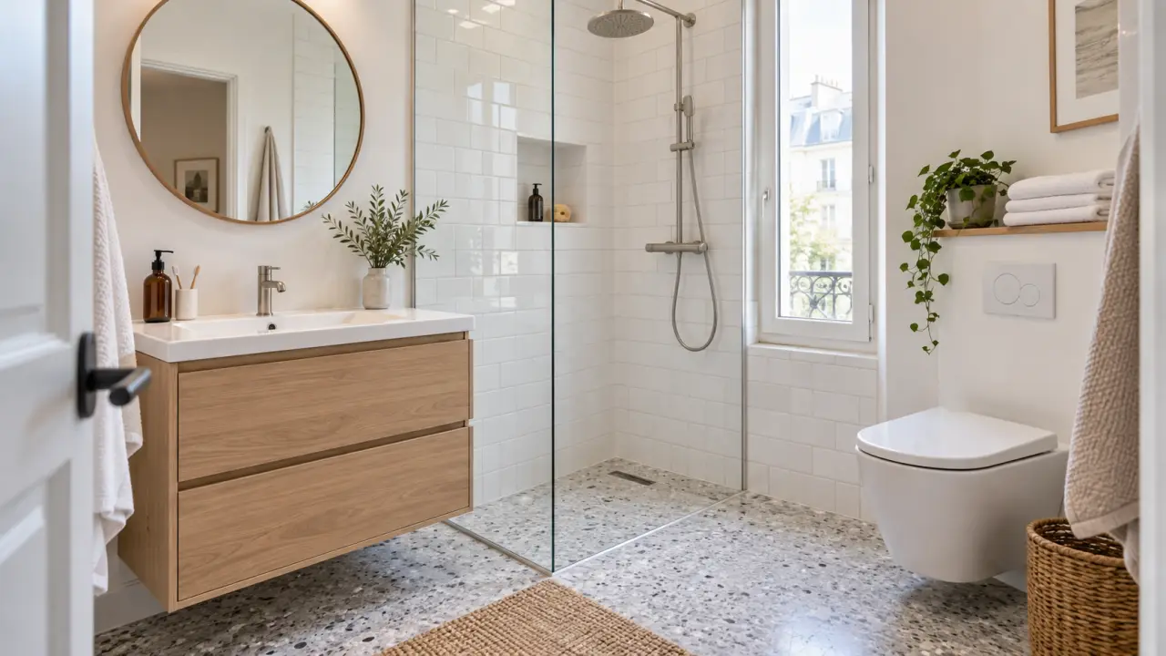Salle de bains contemporaine de 5 m² avec douche, meuble vasque et carrelage clair