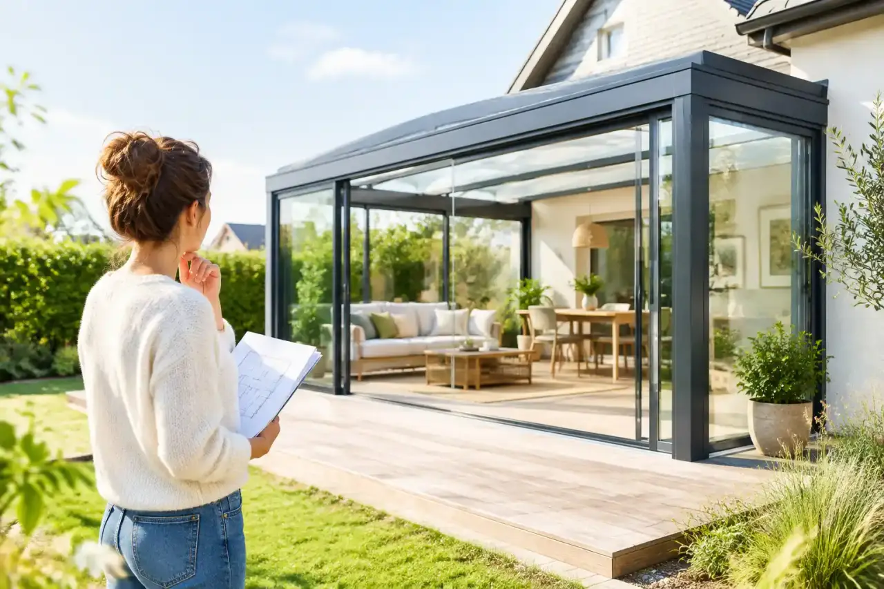 Terrasse fermée en véranda avec de grandes baies vitrées