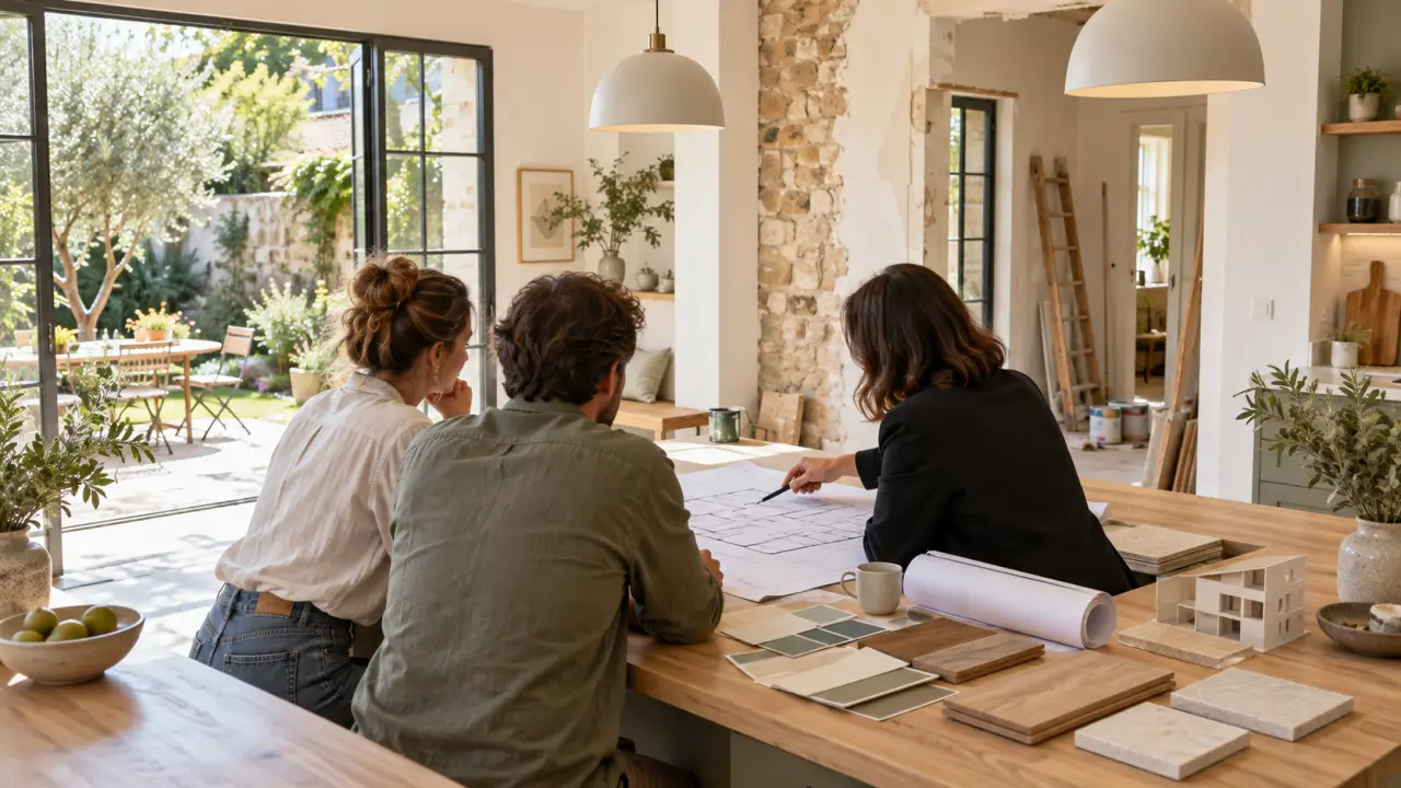 Projet de rénovation d'une maison avec plans, matériaux et espace intérieur en cours de transformation