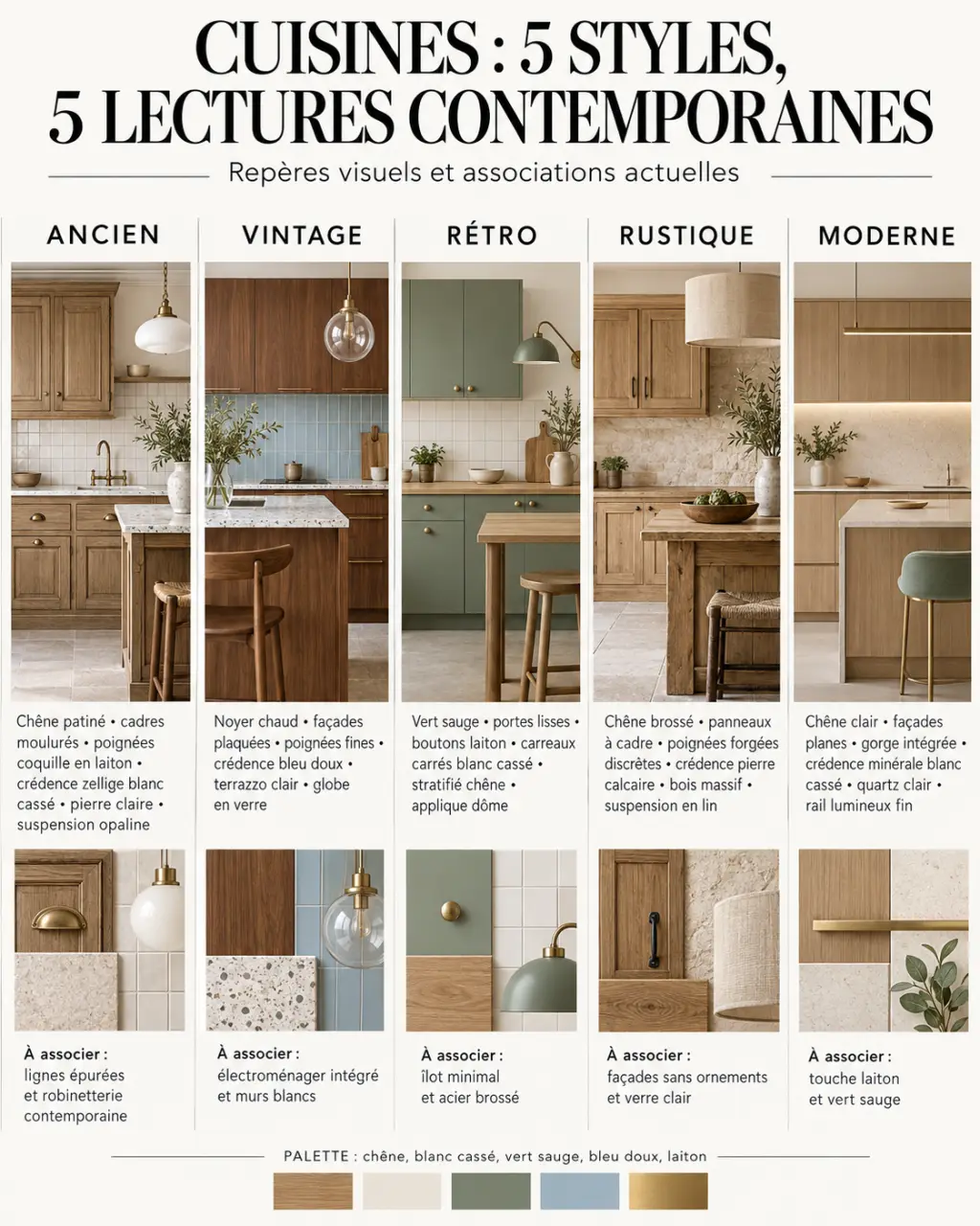 Infographie comparative pour associer une cuisine ancienne et moderne selon les styles ancien, vintage, rétro, rustique et moderne