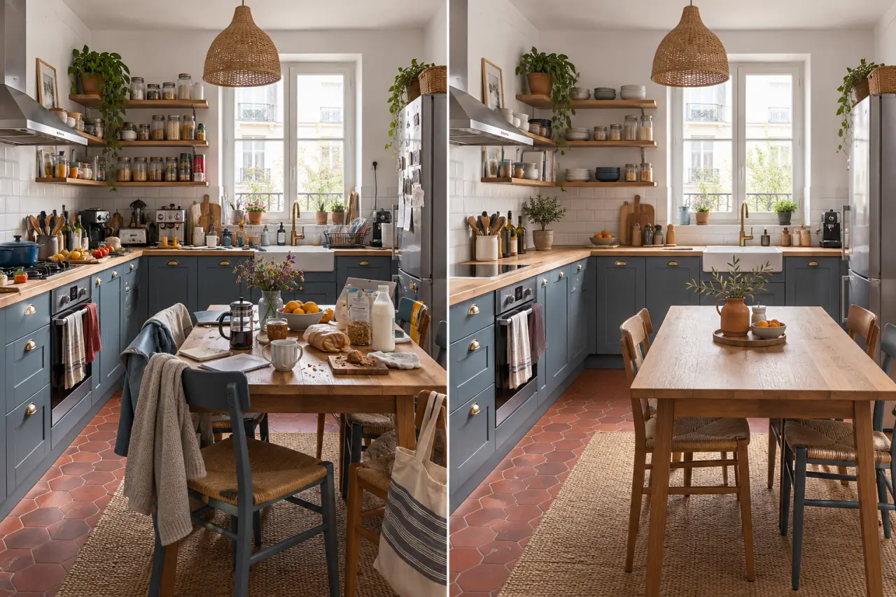 Home staging avant apres d’une cuisine désencombrée et harmonisée