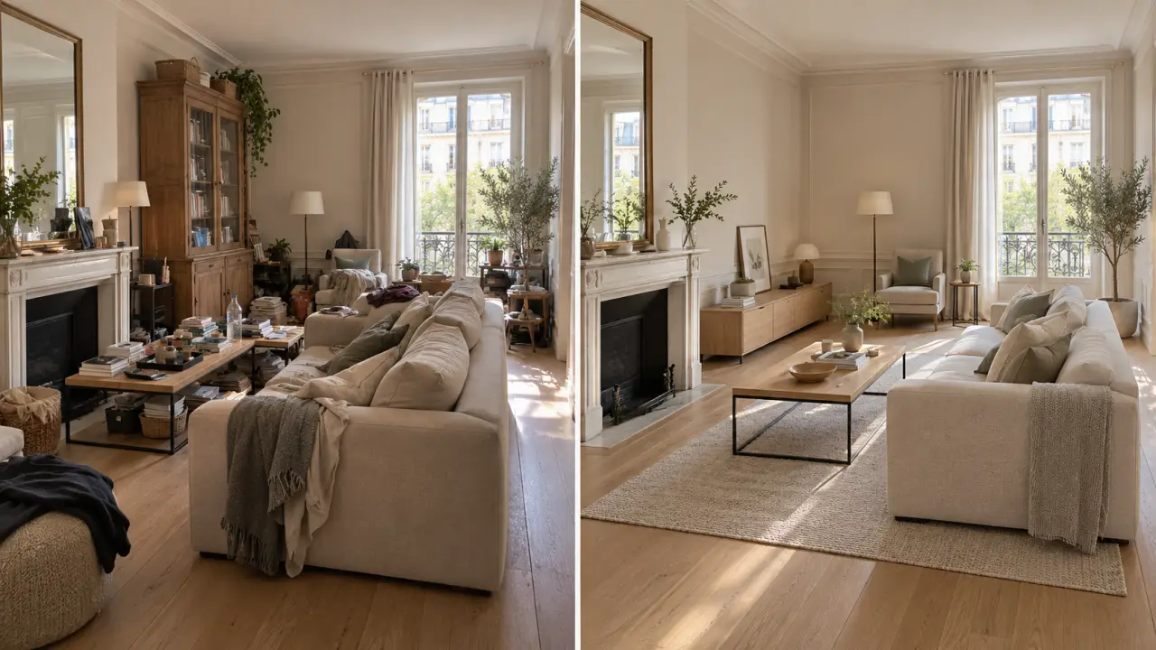 Home staging avant apres d’un salon encombré réorganisé avec une circulation dégagée