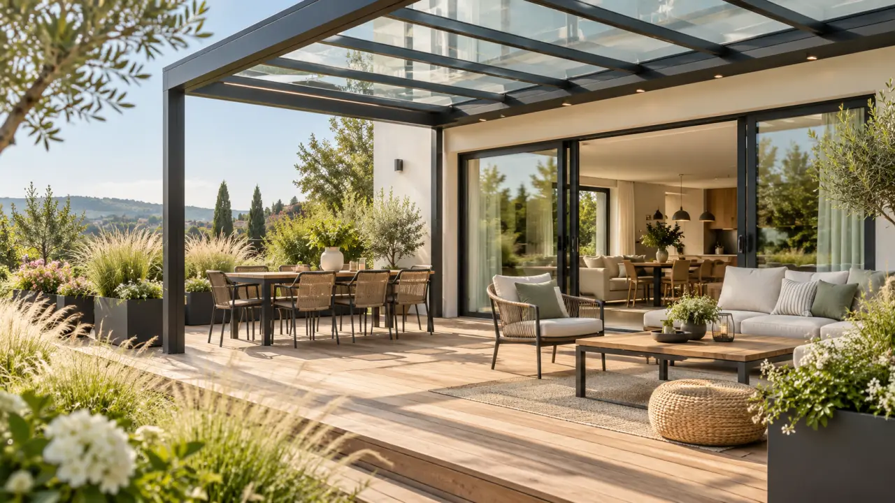 Terrasse lumineuse aménagée pour être utilisée toute l’année