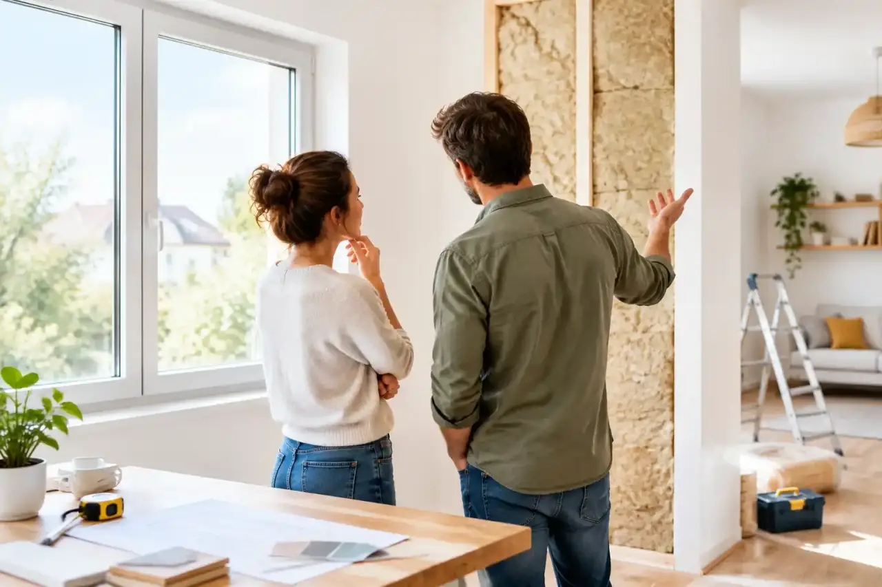 Maison en rénovation avec nouvelles fenêtres et isolation des murs