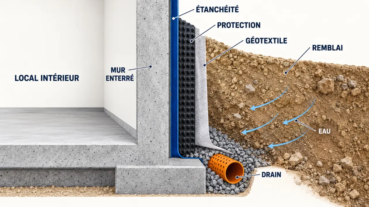 Schéma de coupe illustrant l’étanchéité d’un mur enterré par l’extérieur avec membrane, drain et remblai