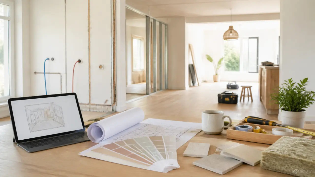 Bento visuel d'une rénovation, entre cuisine minimaliste, matériaux et plan d'architecte