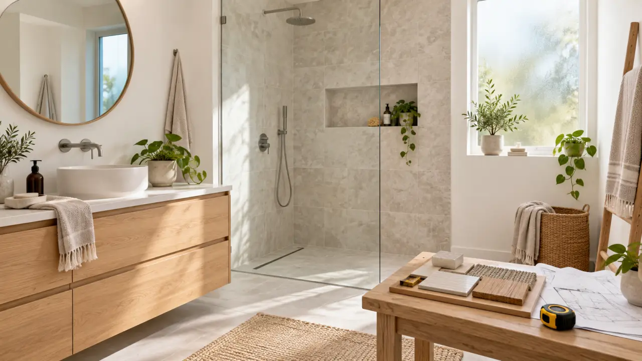 Salle de bain rénovée aux lignes sobres et aux matériaux naturels