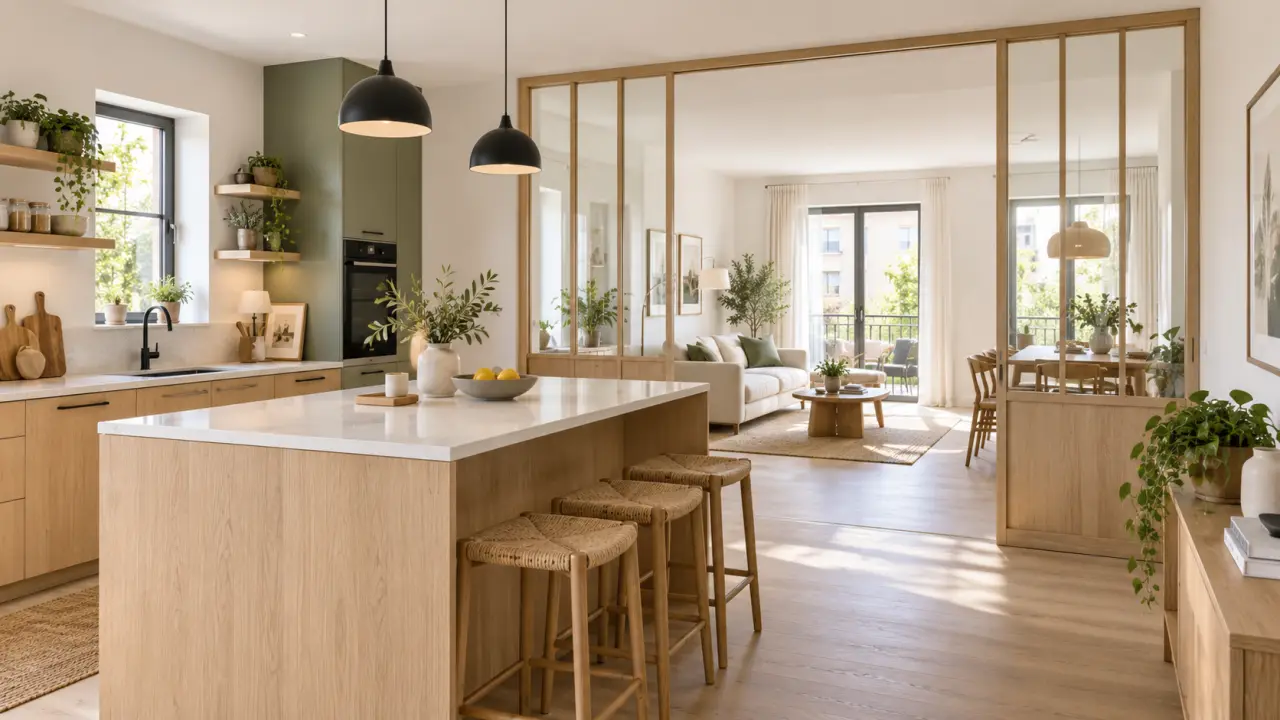 Cuisine contemporaine ouverte sur un séjour lumineux