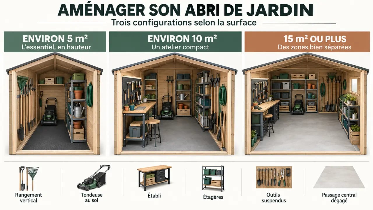 Infographie sur l’aménagement abri de jardin selon la surface disponible et les zones de rangement