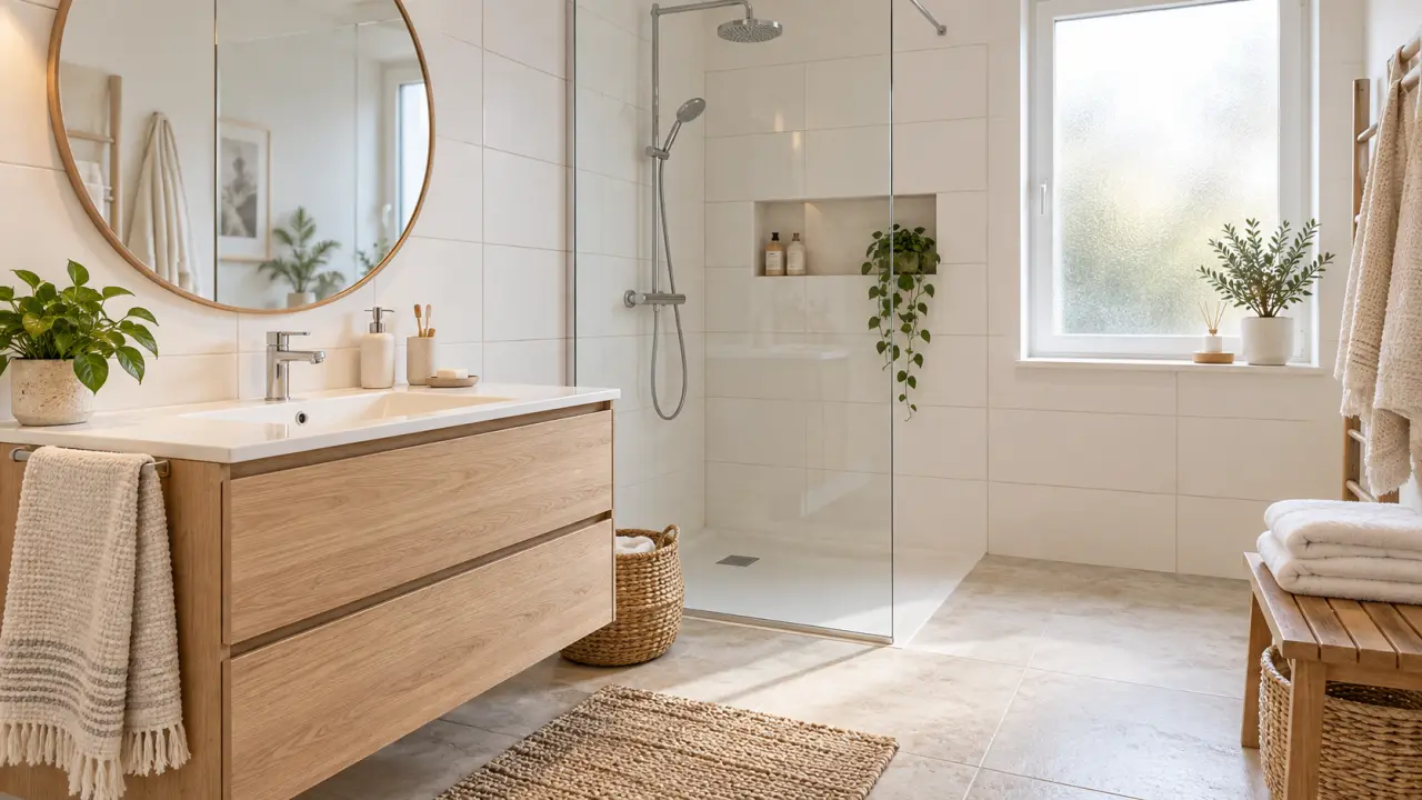 Salle de bain rénovée, claire et fonctionnelle, avec meuble vasque et douche à l'italienne