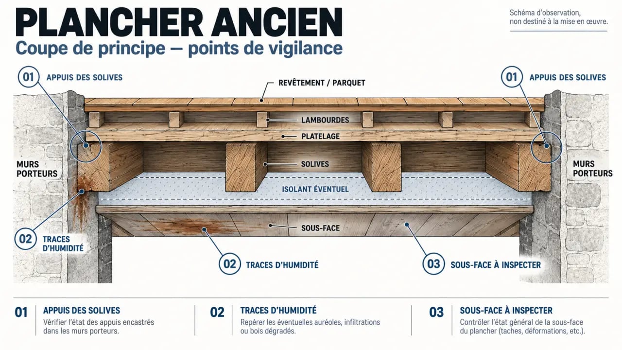 Schéma de rénovation d’un plancher de maison ancienne avec solives, lambourdes, isolant et sous-face