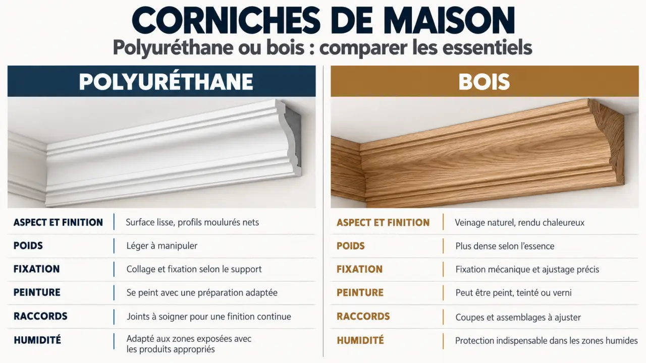 Infographie comparative sur les corniches maison en polyuréthane et en bois