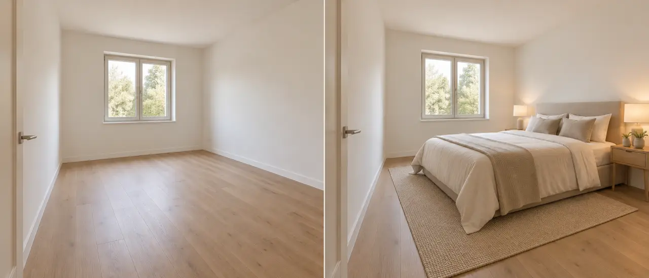 Home staging avant apres d’une chambre vide aménagée avec un lit aux bonnes proportions