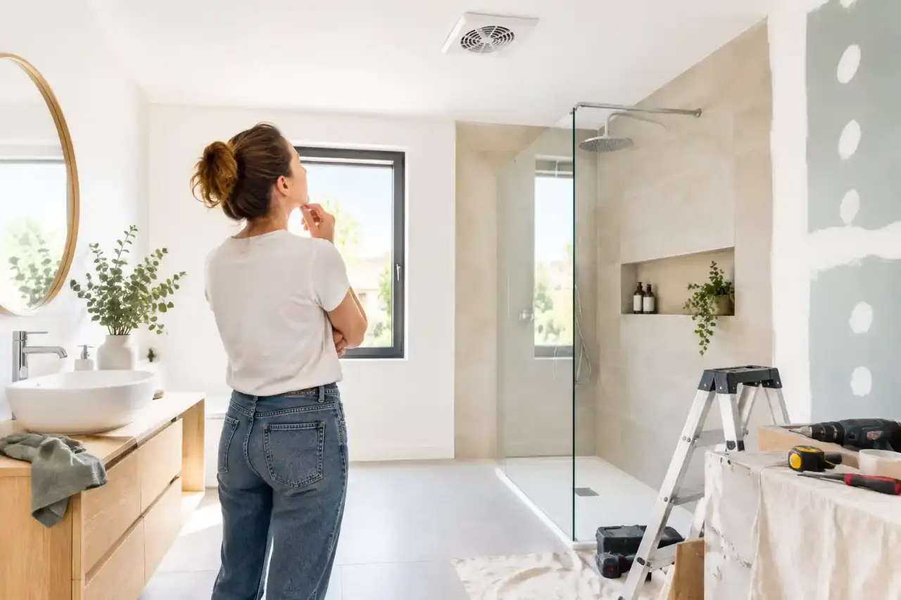 Salle de bain rénovée lumineuse avec ventilation discrète et matériaux naturels