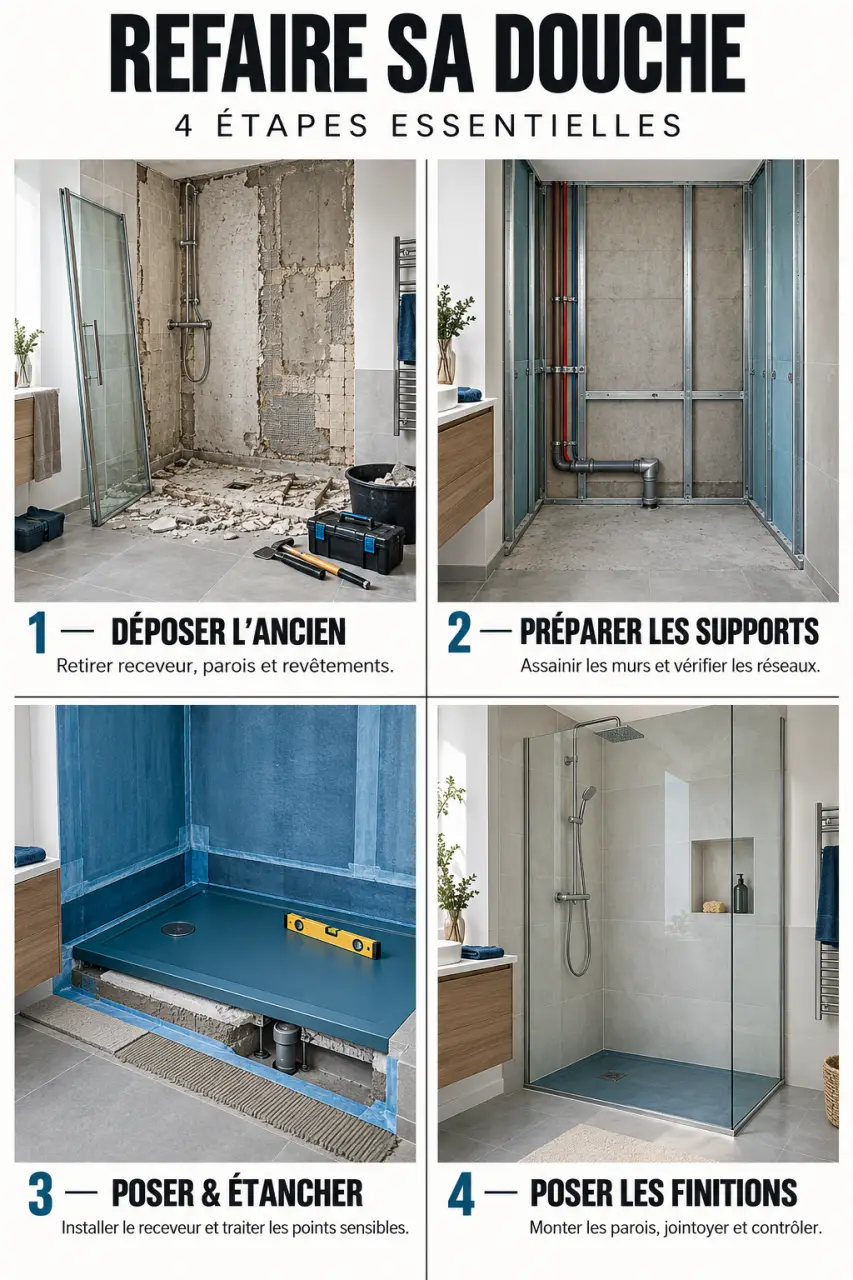 Étapes clés pour refaire une douche, de la dépose aux finitions