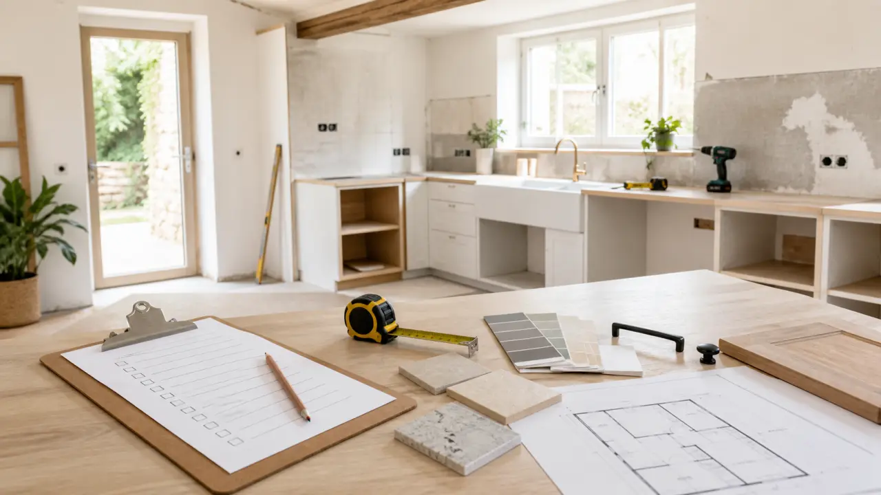 Cuisine en rénovation avec matériaux, plans et lumière naturelle
