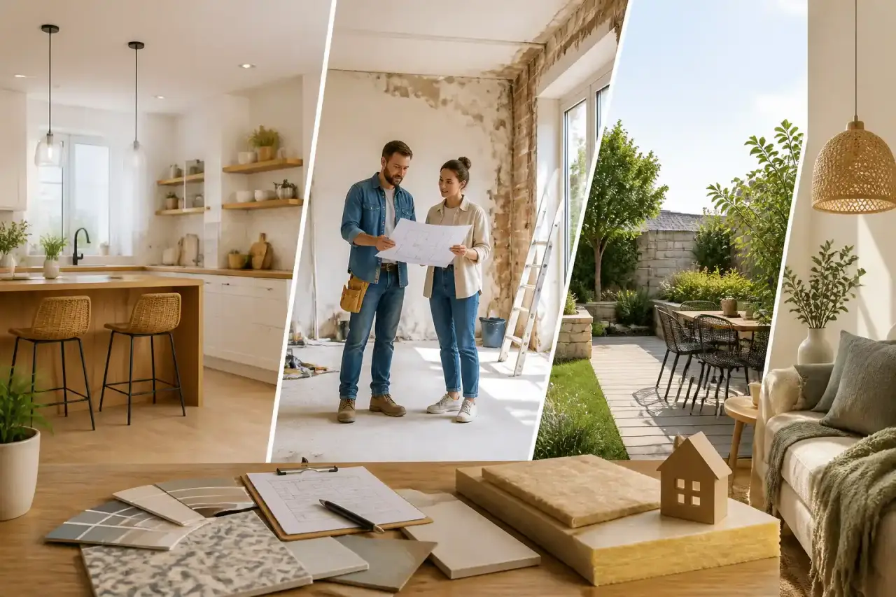 Intérieur de maison moderne en cours de rénovation avec des plans d'architecte