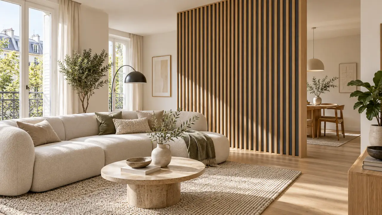 Séjour contemporain structuré par un claustra acoustique en bois
