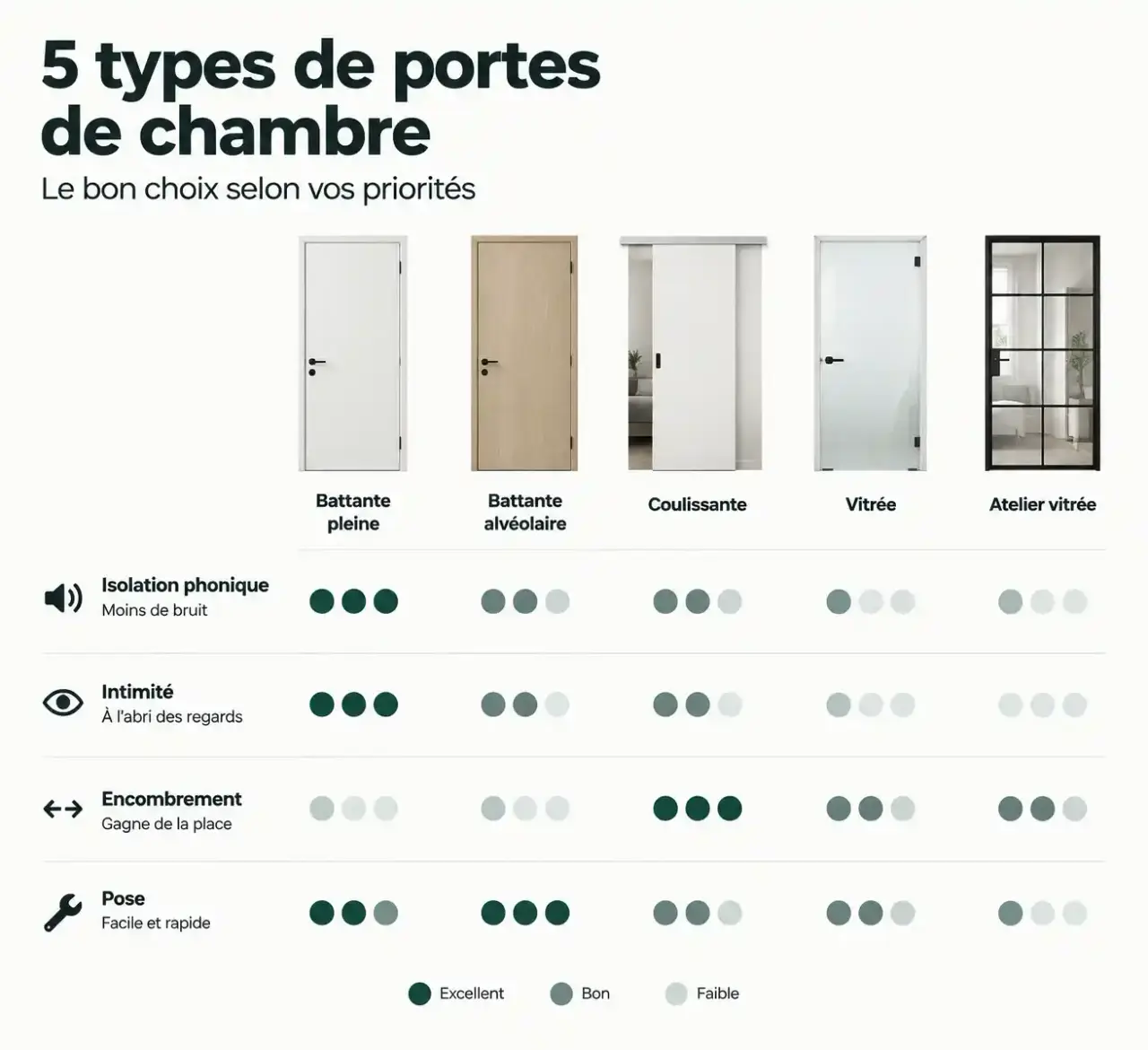 Comparatif visuel des types de porte chambre : battante, coulissante, vitrée et d'atelier selon isolation phonique, intimité, encombrement et pose