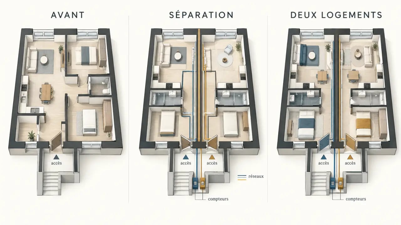 Illustration des étapes pour diviser un appartement en 2 logements indépendants